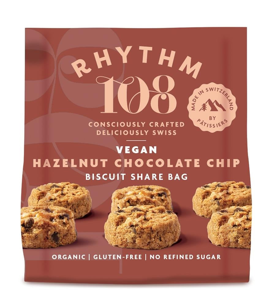 Rhythm 108 Hazelnut Chocolate Chip Biscuit Share Bag G/F 135g Vegan